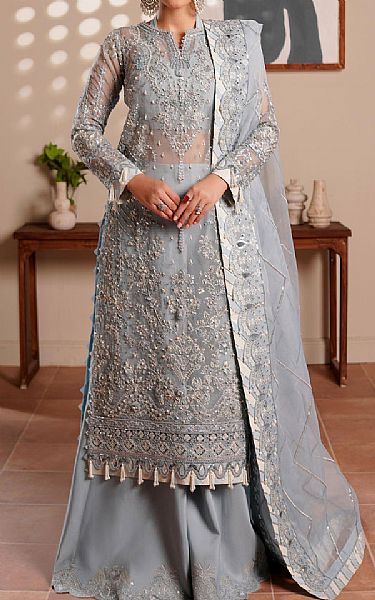 Maryams Grey Organza Suit | Pakistani Embroidered Chiffon Dresses USA- Image 1