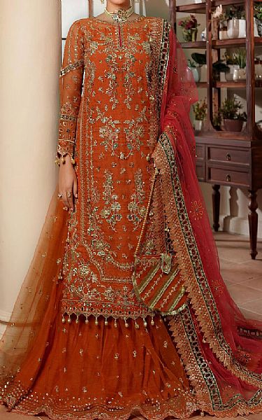 Maryams Orange Organza Suit | Pakistani Embroidered Chiffon Dresses USA- Image 1