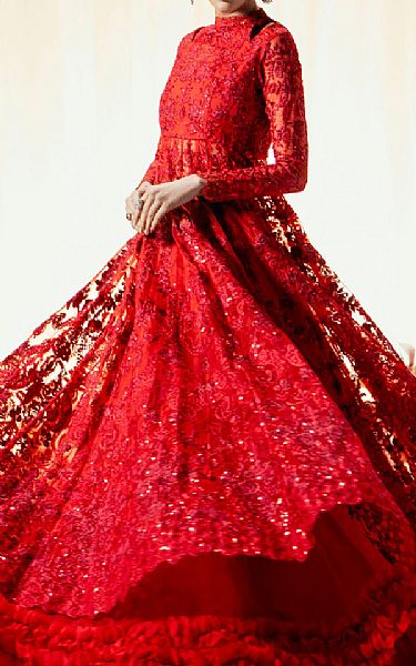 Maryum N Maria Scarlet Organza Suit | Pakistani Embroidered Chiffon Dresses- Image 1