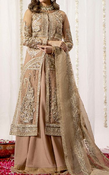 Maryum N Maria Fawn Net Suit | Pakistani Embroidered Chiffon Dresses- Image 1