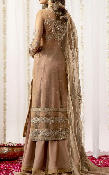 Maryum N Maria Fawn Net Suit | Pakistani Embroidered Chiffon Dresses- Image 2