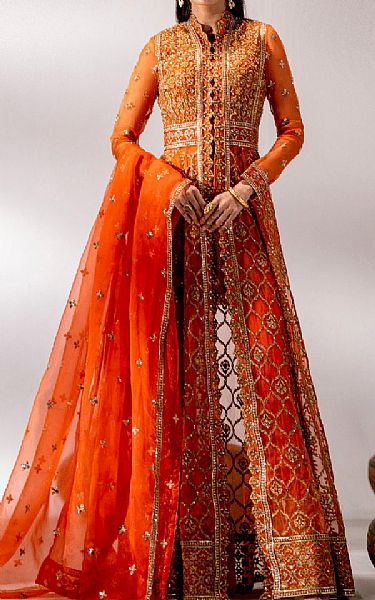 Maryum N Maria Orange Organza Suit | Pakistani Embroidered Chiffon Dresses- Image 1
