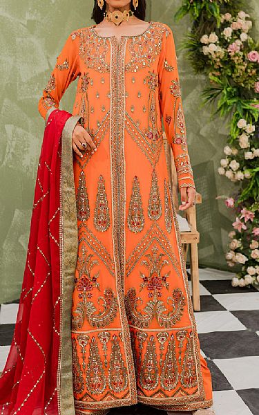 Maryum N Maria Safety Orange Chiffon Suit | Pakistani Embroidered Chiffon Dresses- Image 1