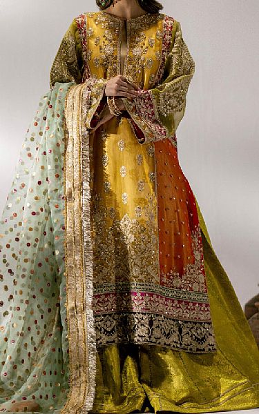 Maryum N Maria Mustard/Green Net Suit | Pakistani Embroidered Chiffon Dresses- Image 1