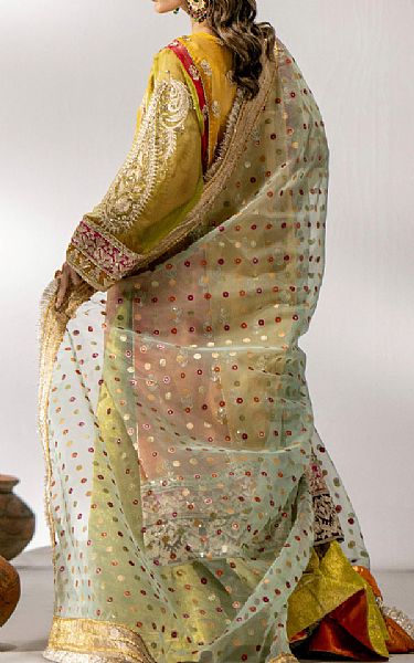 Maryum N Maria Mustard/Green Net Suit | Pakistani Embroidered Chiffon Dresses- Image 2