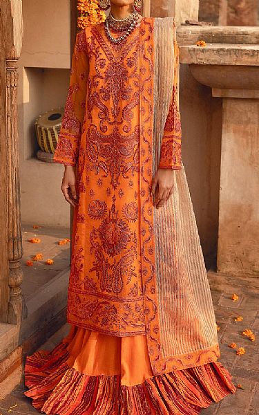 Maryum N Maria Safety Orange Organza Suit | Pakistani Embroidered Chiffon Dresses- Image 1