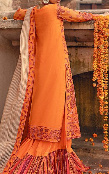 Maryum N Maria Safety Orange Organza Suit | Pakistani Embroidered Chiffon Dresses- Image 2