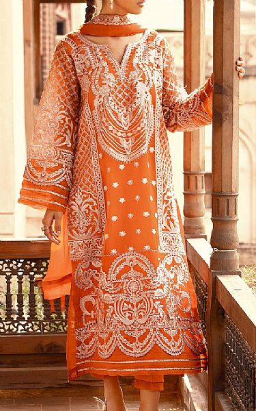 Maryum N Maria Safety Orange Organza Suit | Pakistani Embroidered Chiffon Dresses- Image 1