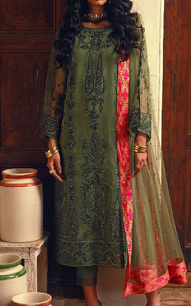 Maryum N Maria Hunter Green Organza Suit | Pakistani Embroidered Chiffon Dresses- Image 1