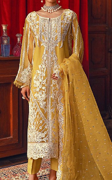 Maryum N Maria Mustard Organza Suit | Pakistani Embroidered Chiffon Dresses- Image 1