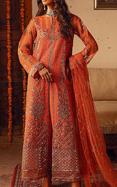Maryum N Maria Orange Organza Suit | Pakistani Embroidered Chiffon Dresses- Image 1
