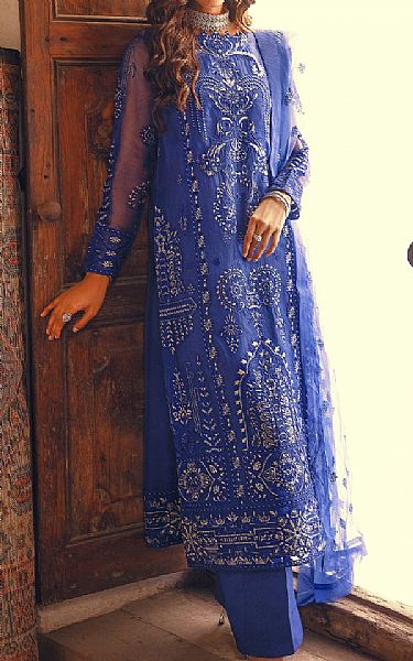 Maryum N Maria Royal Blue Organza Suit | Pakistani Embroidered Chiffon Dresses- Image 1