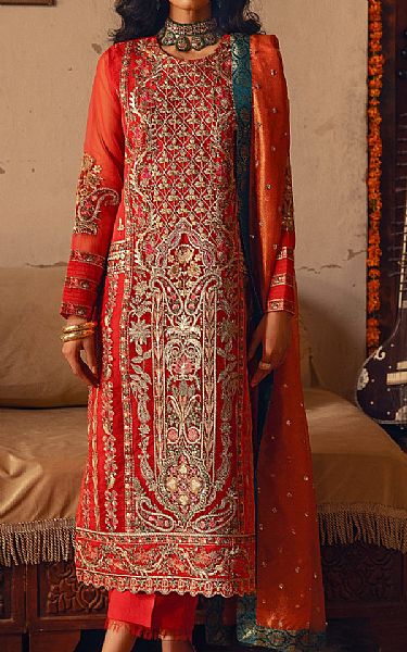 Maryum N Maria Flame Red Organza Suit | Pakistani Embroidered Chiffon Dresses- Image 1
