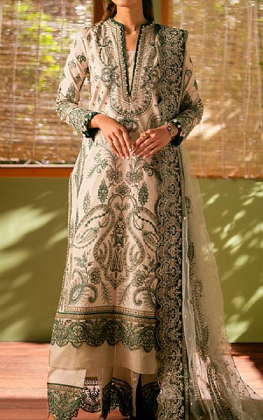 Maryum N Maria Ivory/Green Lawn Suit | Pakistani Lawn Suits- Image 1