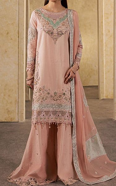 Maryum N Maria Peach Silk Suit | Pakistani Embroidered Chiffon Dresses USA- Image 1