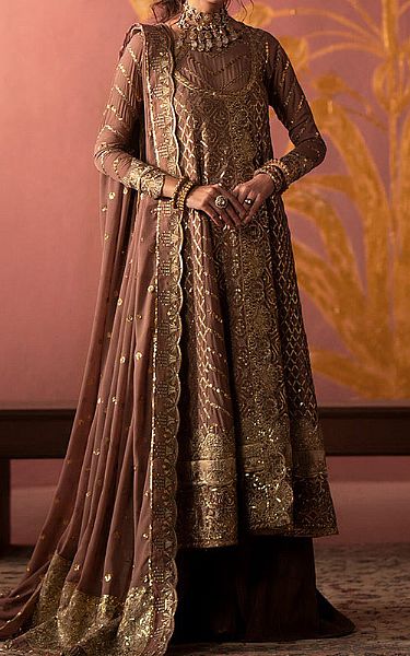 Maryum N Maria Light Mahogany Tissue Suit | Pakistani Embroidered Chiffon Dresses USA- Image 1