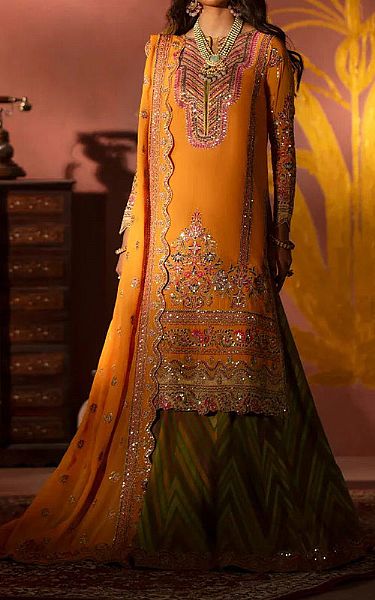 Maryum N Maria Mustard/Green Tissue Suit | Pakistani Embroidered Chiffon Dresses USA- Image 1
