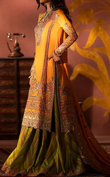 Maryum N Maria Mustard/Green Tissue Suit | Pakistani Embroidered Chiffon Dresses USA- Image 3