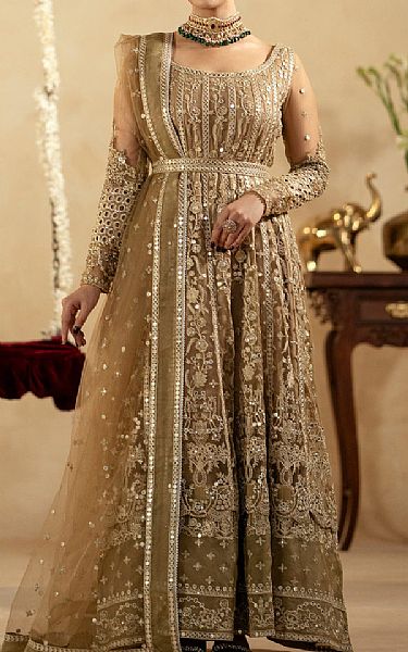 Maryum N Maria Fawn/Olive Net Suit | Pakistani Embroidered Chiffon Dresses- Image 1