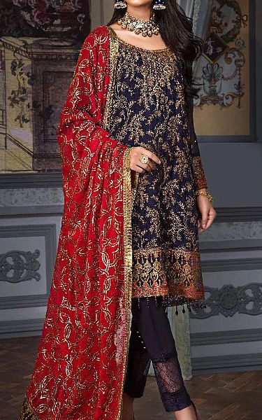 Indigo/Scarlet Chiffon Suit | Mohagni Pakistani Chiffon Dresses