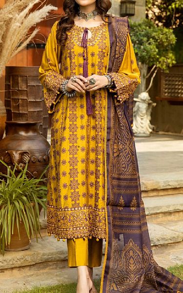 Mohagni Golden Yellow Cotton Silk Suit | Pakistani Winter Dresses- Image 1