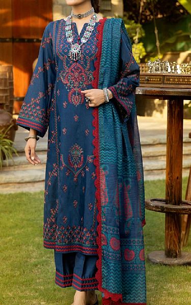 Mohagni Denim Blue Cotton Silk Suit | Pakistani Dresses in USA- Image 1