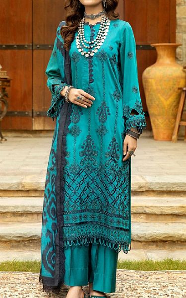 Mohagni Cyan Cotton Silk Suit | Pakistani Winter Dresses- Image 1
