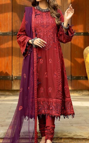 Mohagni Scarlet Cotton Silk Suit | Pakistani Winter Dresses- Image 1