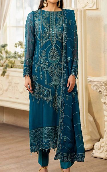 Mohagni Teal Blue Chiffon Suit | Pakistani Embroidered Chiffon Dresses- Image 1