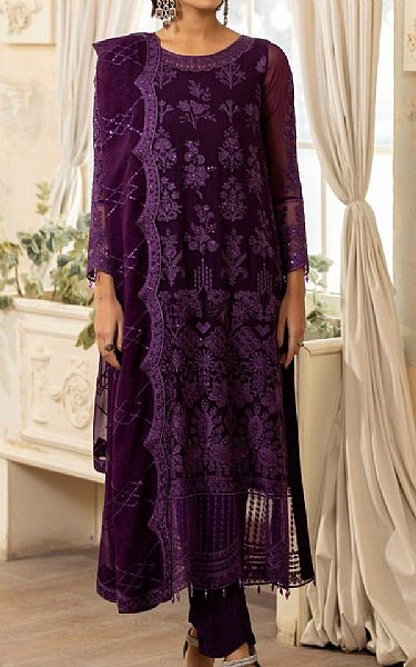 Mohagni Egg Plant Chiffon Suit | Pakistani Embroidered Chiffon Dresses- Image 1