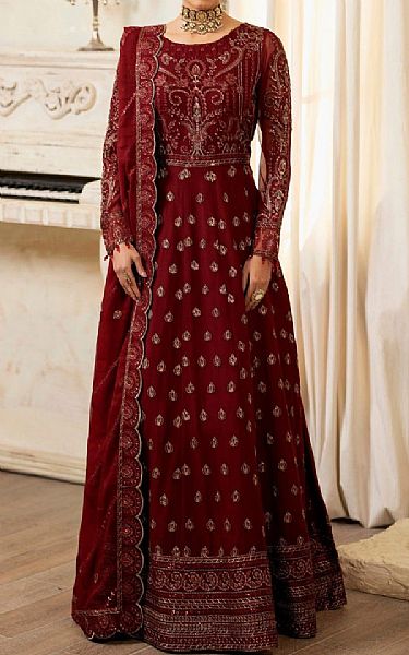 Mohagni Maroon Chiffon Suit | Pakistani Embroidered Chiffon Dresses- Image 1