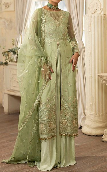 Mohagni Olive Net Suit | Pakistani Embroidered Chiffon Dresses- Image 1