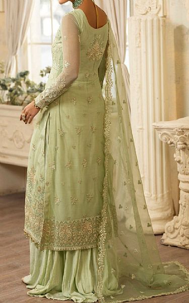 Mohagni Olive Net Suit | Pakistani Embroidered Chiffon Dresses- Image 2