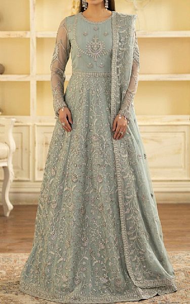 Mohagni Sky Blue Net Suit | Pakistani Embroidered Chiffon Dresses- Image 1