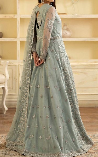 Mohagni Sky Blue Net Suit | Pakistani Embroidered Chiffon Dresses- Image 2