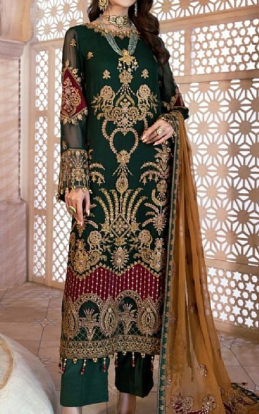 Mohagni Dark Green Chiffon Suit | Pakistani Dresses in USA- Image 1