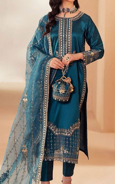 Mohagni Teal Blue Raw Silk Suit | Pakistani Embroidered Chiffon Dresses USA- Image 1