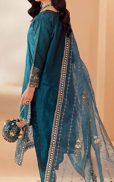 Mohagni Teal Blue Raw Silk Suit | Pakistani Embroidered Chiffon Dresses USA- Image 2