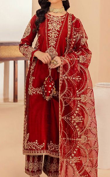 Mohagni Red Raw Silk Suit | Pakistani Embroidered Chiffon Dresses USA- Image 1