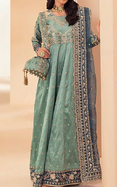 Mohagni Turquoise Raw Silk Suit | Pakistani Embroidered Chiffon Dresses USA- Image 1
