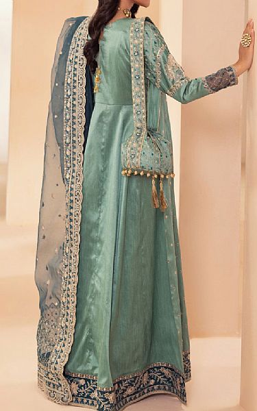 Mohagni Turquoise Raw Silk Suit | Pakistani Embroidered Chiffon Dresses USA- Image 2