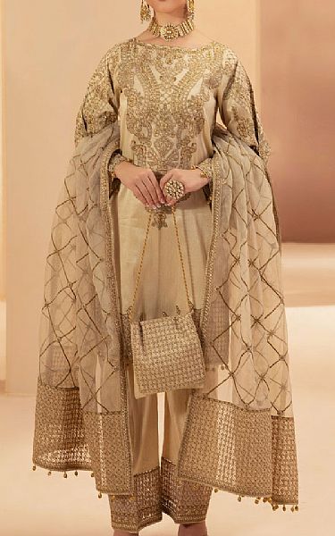 Mohagni Fawn Raw Silk Suit | Pakistani Embroidered Chiffon Dresses USA- Image 1