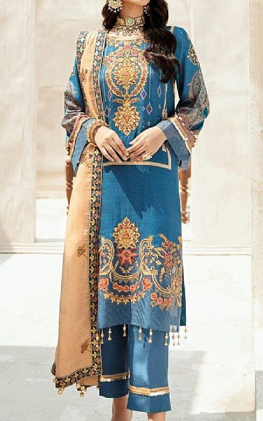 Mohagni Denim Blue Raw Silk Suit | Pakistani Dresses in USA- Image 1