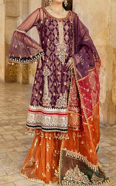 Mohagni Plum/Orange Net Suit | Pakistani Embroidered Chiffon Dresses- Image 1