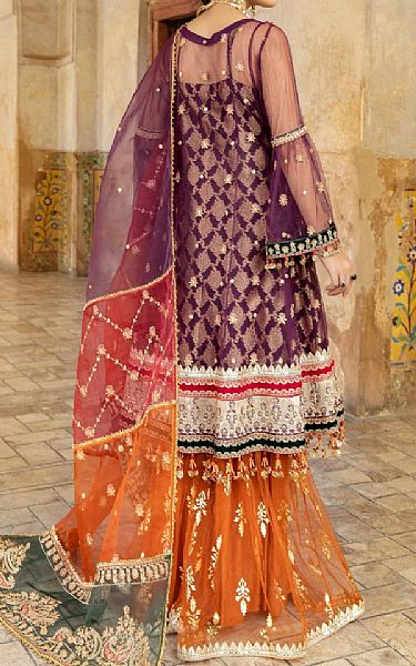 Mohagni Plum/Orange Net Suit | Pakistani Embroidered Chiffon Dresses- Image 2