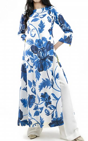 Mor To Go Blue Floral Long | Pakistani Pret Wear Clothing by Mor To Go- Image 1