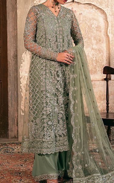 Motifz Sage Green Net Suit | Pakistani Embroidered Chiffon Dresses USA- Image 1