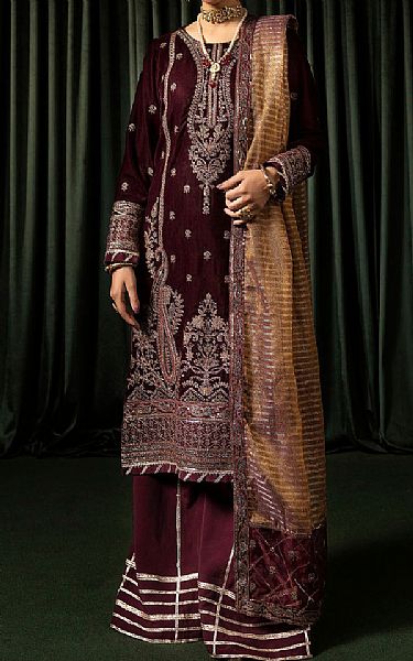 Motifz Maroon Velvet Suit | Pakistani Winter Dresses in USA- Image 1