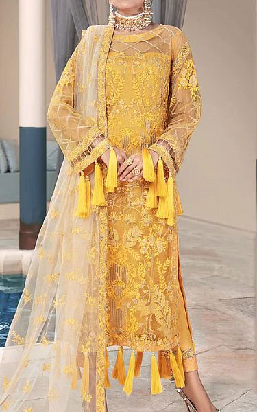 Motifz Golden Yellow Net Suit | Pakistani Dresses in USA- Image 1