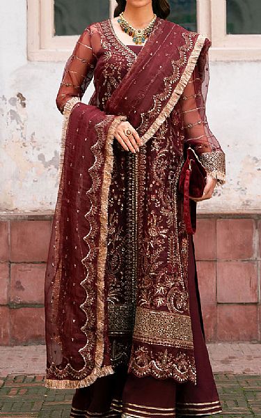 Motifz Wine Organza Suit | Pakistani Embroidered Chiffon Dresses USA- Image 1